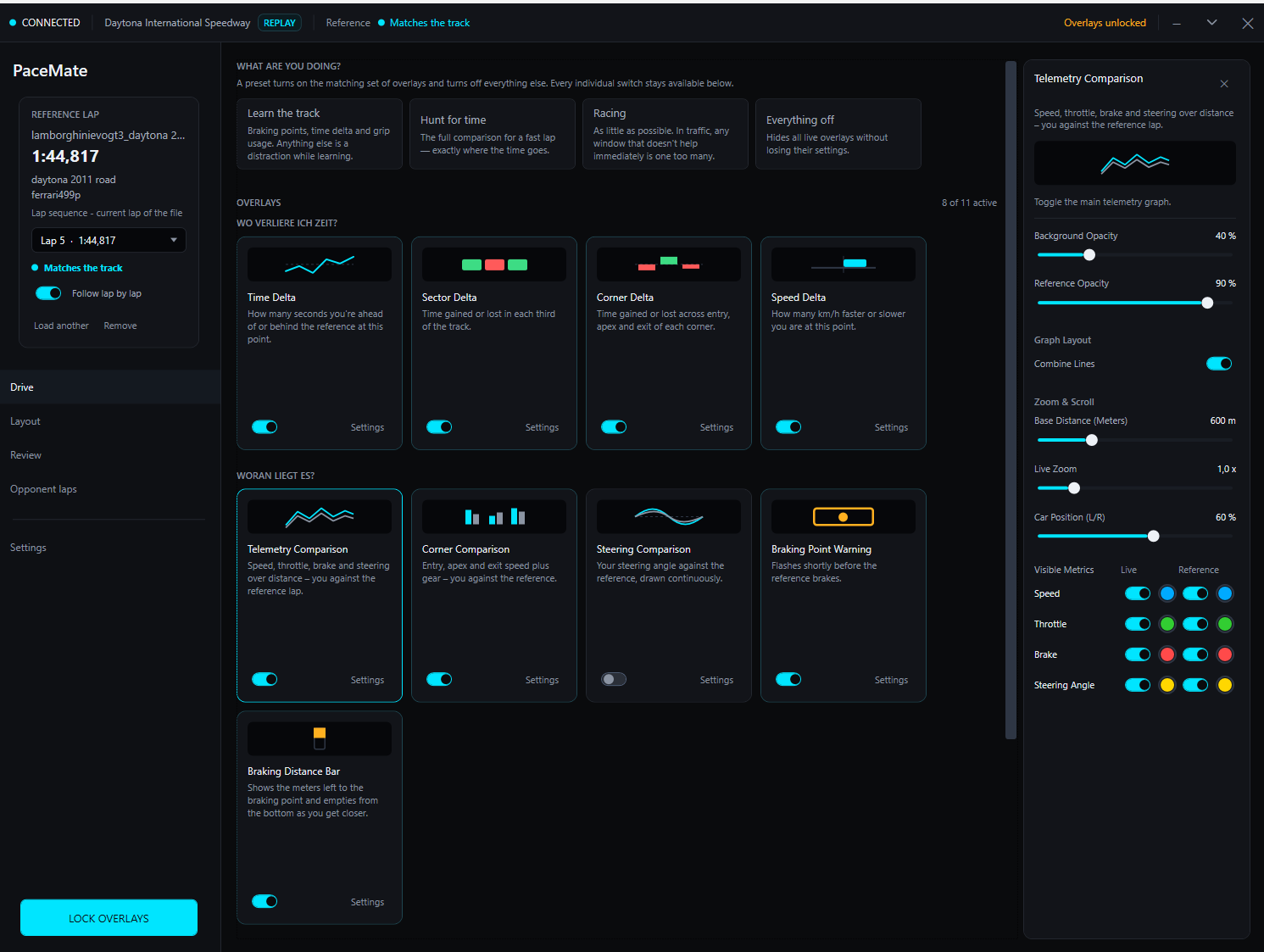 PaceGuru main window with the question 'What are you doing?' and the four presets Learn the track, Hunt for time, Racing and Everything off, with the list of all overlays and quick access to their settings below
